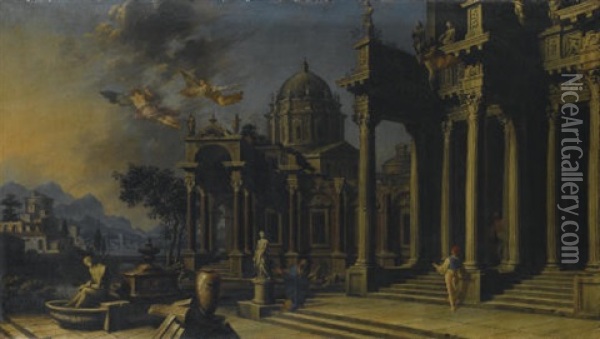Le Muse Clio E Urania Fuggono Dal Palazzo Di Pireneo (collab. W/ Giovanni Ghisolfi) Oil Painting - Giulio Carpioni