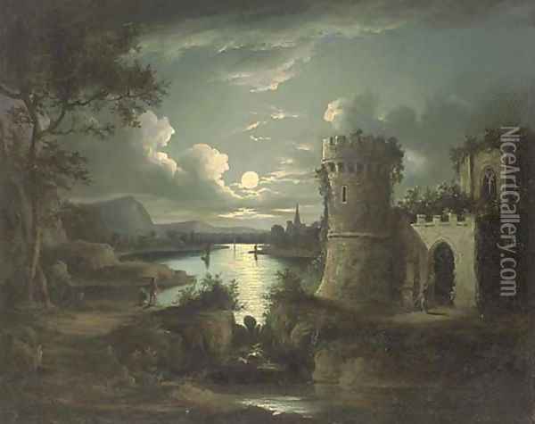 Figures by a ruin, in a moonlit landscape Oil Painting - Sebastian Pether