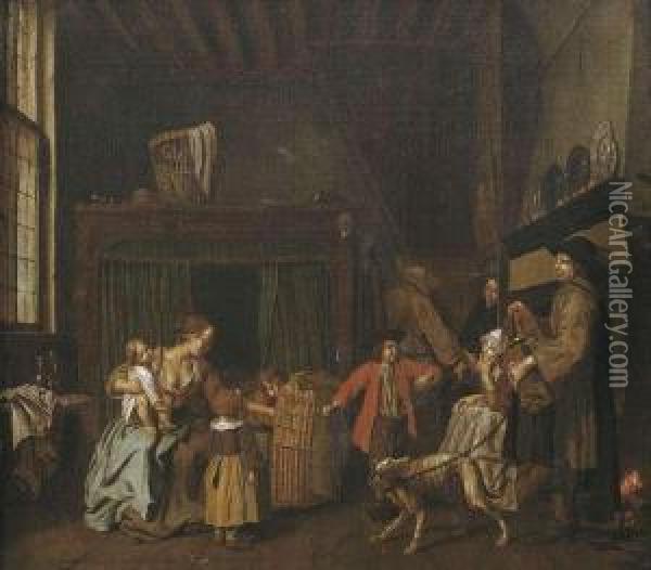 Visit Of A Hurdy-gurdy Player In Parlor. Oil Painting - Jan Jozef, the Younger Horemans