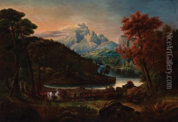 River Landscape With A Native American Procession Oil Painting - William B. Conely