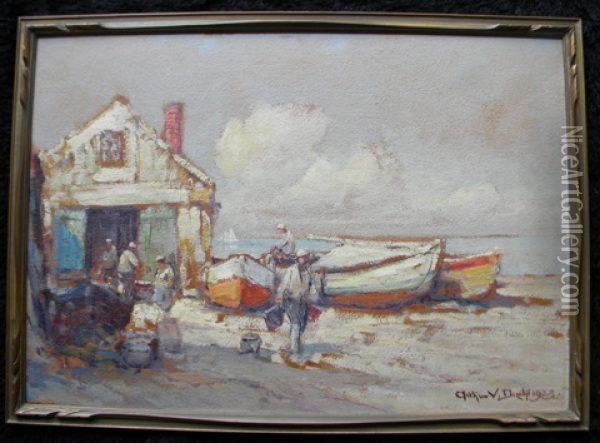 Untitled (fishermen, Shack, Beached Boats) Oil Painting - Arthur Vidal Diehl