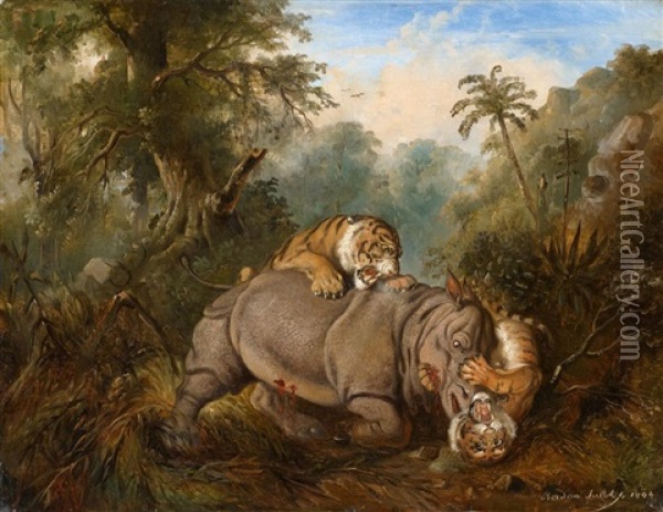 Kampf Zwischen Einem Javanesischen Rhinozeros Und Zwei Tigern Oil Painting - Raden Saleh Sarief Bustaman