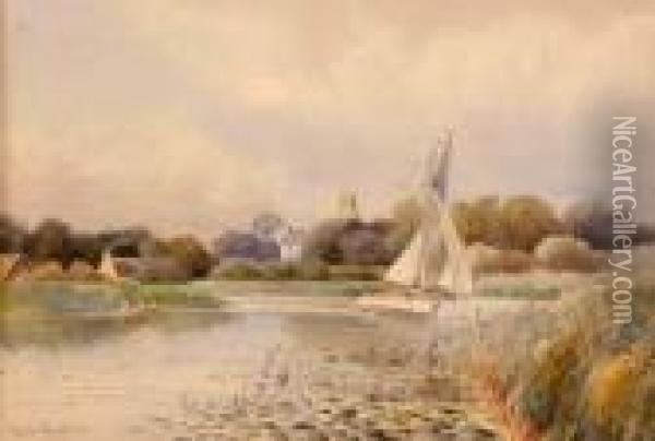 A White Hulled Yacht On The Broads Oil Painting - William Leslie Rackham