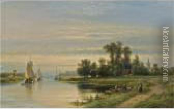 A Summer Landscape With Sailing Boats On A River Oil Painting - Lodewijk Johannes Kleijn