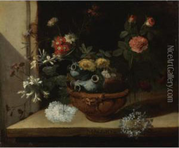 Still Life With Various Flowers And A Ceramic Vase Balanced In A Clay Pot Resting On A Stone Ledge (possibly One Of A Series Of Months) Oil Painting - Niccolino Van Houbraken