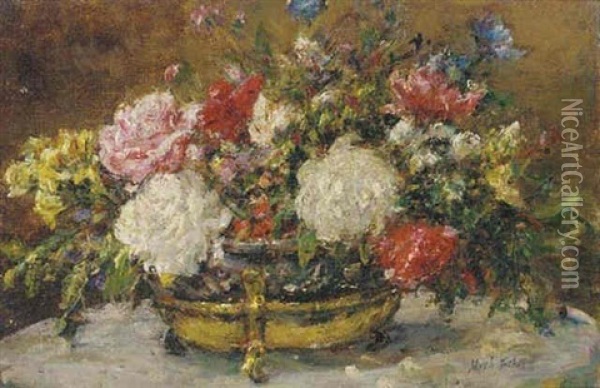 Flowers In A Gold Jardiniere Oil Painting - Mark William Fisher