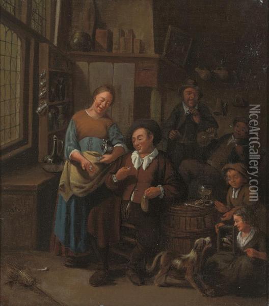 A Tavern Interior, With Boors Smoking And Drinking, And A Girl Witha Dog Oil Painting - Gillis de Winter