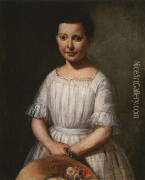 Portrait Of A Young  Girl In A White Dress Oil Painting - Francois Bernard