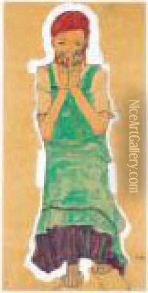 Madchen Mit Gruner Schurze (girl With Green Pinafore) Oil Painting - Egon Schiele