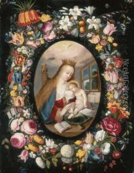 A Garland Of Flowers Surrounding A Medallion Of The Virgin Andchild Oil Painting - Andries Daniels