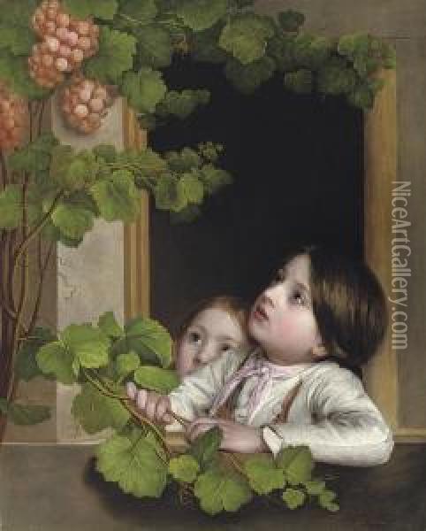 Children At The Window Oil Painting - Johann Baptist Reiter