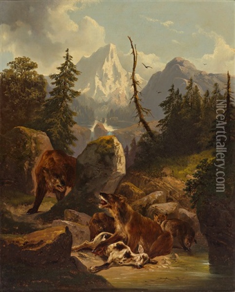 Hochgebirgslandschaft Mit Baren Und Erlegtem Wild Oil Painting - Friedrich Gauermann