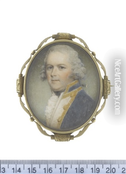 Captain John Nicholson Inglefield (1748-1828), Wearing Blue Coat With White Facings Edged With Gold, White Waistcoat, Frilled Chemise And Black Stock Oil Painting - Samuel Shelley
