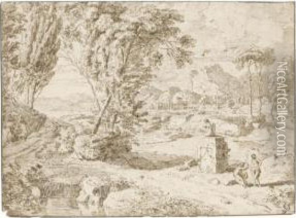 Italianate Landscape With Two Figures Resting By A Ruined Statue Oil Painting - Johannes (Polidoro) Glauber