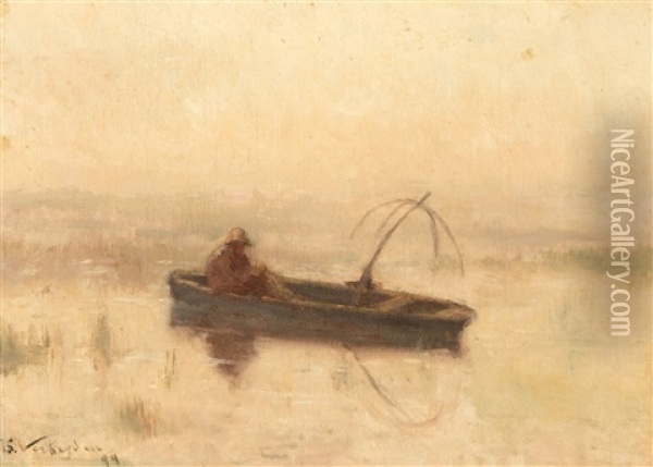 Fisherman In A Sloop With His Hand Lift Net (1899) Oil Painting - Isidoor Verheyden
