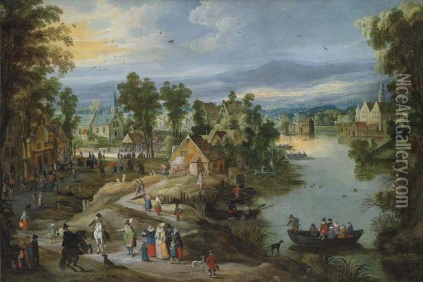 A Village Landscape With Elegant Figures Conversing On A Path Oil Painting - Jan Breughel