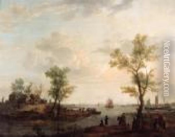 Figures By An Inn In An 
Extensive River Landscape With Travellersand Huntsmen Resting In The 
Foreground; And An Extensive Riverestuary With Figures On A Ferry Before
 A Blacksmiths Oil Painting - Hendrick Willelm Schweickhardt