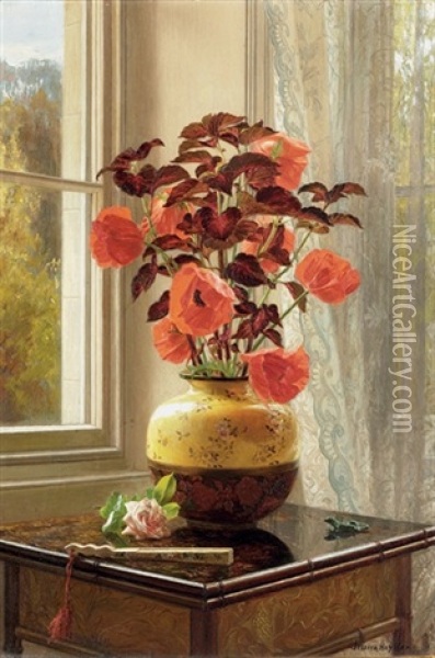 Oriental Poppy And Coleus In A Cloisonne Vase, With A Fan On A Faux Bamboo Table Oil Painting - Jessica Hayllar