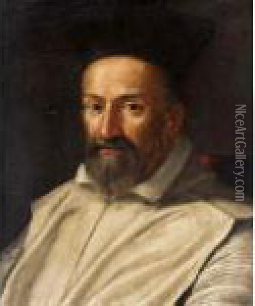 Portrait Of A Prelate, Head And Shoulders, Wearing White Robes And A Black Hat Oil Painting - Scipione Pulzone
