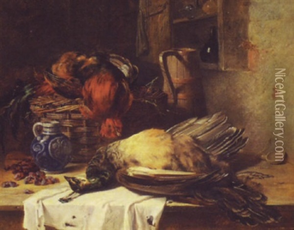 Nature Morte With Peacock And Basket Of Fowl Oil Painting - James Hardy Jr.