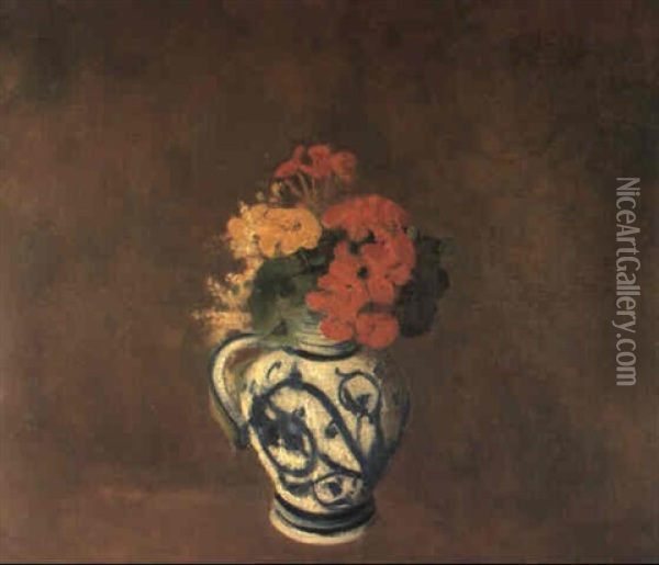 Geraniums Et Fleurs Dans Un Vase Gres Oil Painting - Odilon Redon