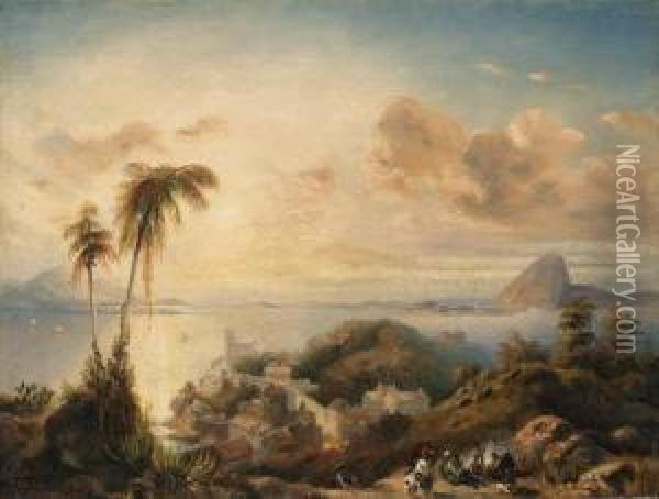 The Bay Of Rio De Janeiro, 
Looking From Santa Teresa Over Thegloria, The Sugar Loaf Beyond Oil Painting - Anton Goering