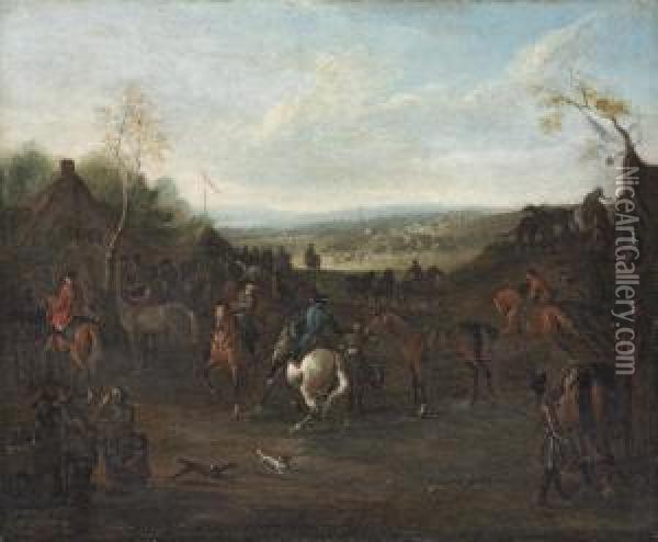 Jockeys And Horses Preparing For A Race Meeting Oil Painting - James Ross