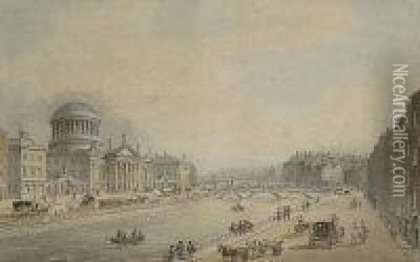 View Of The Four Courts On The River Liffey, Dublin Oil Painting - Samuel Frederick Brocas