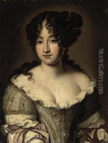 Portrait Of A Lady, Half-length,
 In An Embroidered Pale Blue Andwhite Dress With Lace Trimming Oil Painting - Jacob Ferdinand Voet