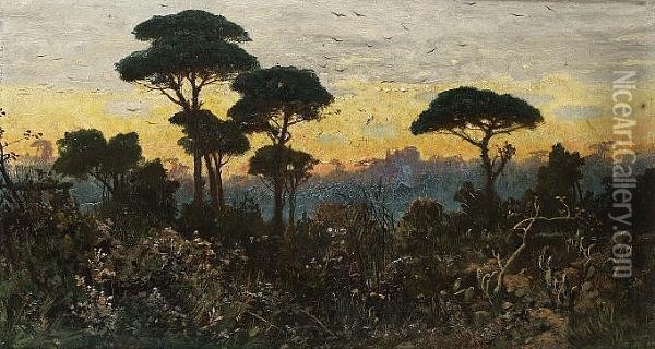 A Forest At Sunset Oil Painting - Othmar Brioschi
