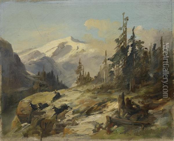 Mountain Landscape With Chamois Deer Oil Painting - Anton Paul Heilmann
