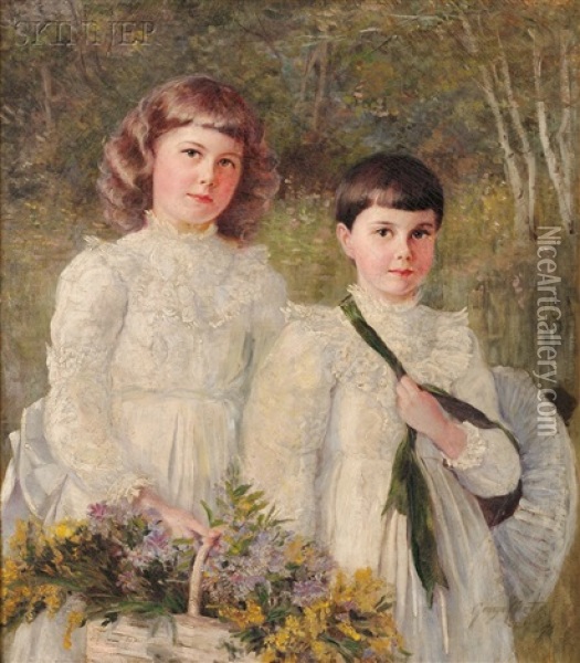 A Bouquet For Mother/an En Plein Air Portrait Of Two Siblings Oil Painting - George Vaughan Curtis