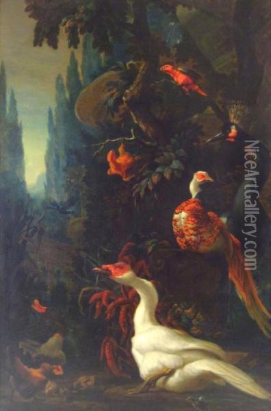 Ornamental Birds In A Landscape Oil Painting - Melchior de Hondecoeter