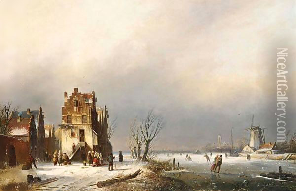 A Winter Landscape With Skaters Near A Village Oil Painting - Jan Jacob Coenraad Spohler