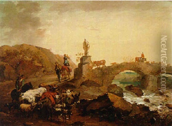 A River Landscape With Herdsmen Crossing A Bridge Oil Painting - Peter La Cave