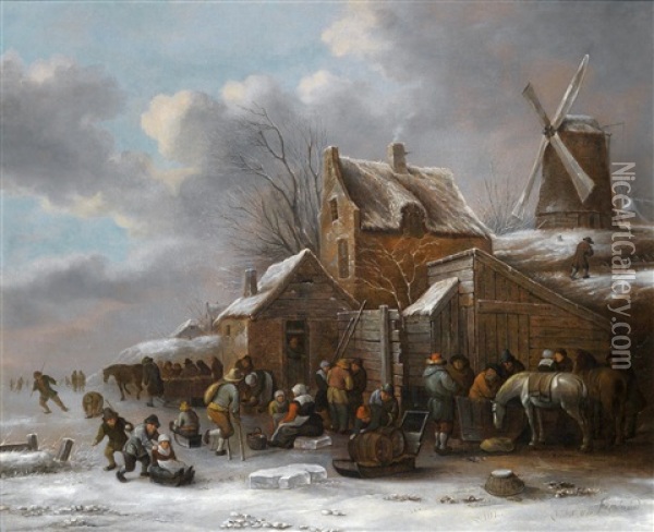 Eine Winterlandschaft Mit Dorfbewohnern Vor Einem Wirtshaus Oil Painting - Nicolaes Molenaer