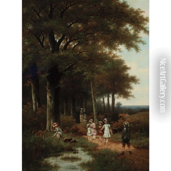 Children Playing Along A Forest Path Oil Painting - Albert Roosenboom