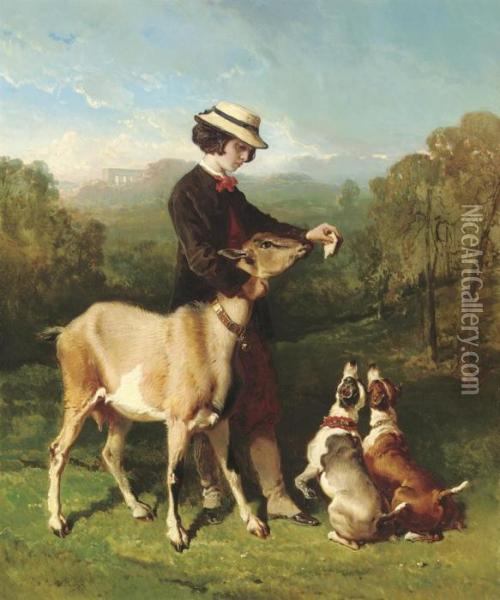 Feeding The Goat Oil Painting - Alfred De Dreux