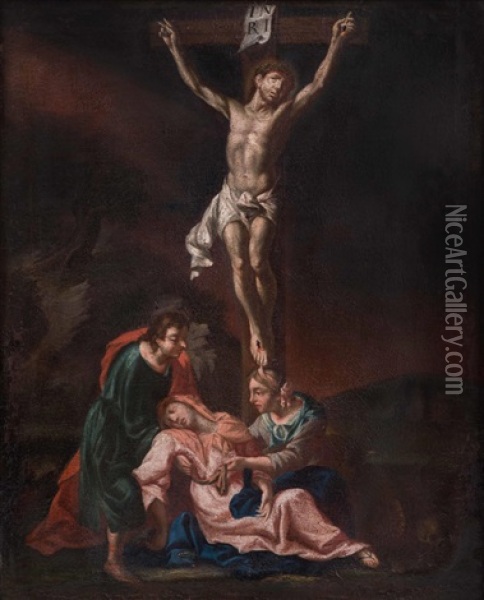 Christus Am Kreuz Mit Hl. Johannes Und Hl. Magdalena, Welche Die Ohnmachtige Gottesmutter Stutzen Oil Painting - Michelangelo Unterberger