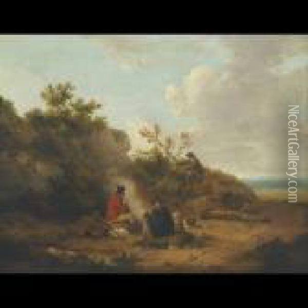 Stable Interior; Soldier And Gypsies Around A Campfire Oil Painting - George Morland