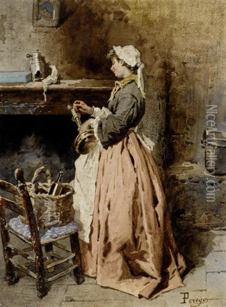 Young Woman Before A Fireplace, Lighting A Candle Oil Painting - Eugenio Perego
