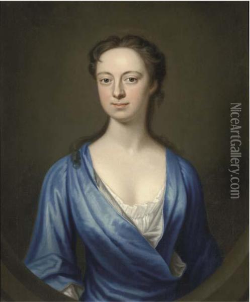 Portrait Of A Lady, Bust-length, In A Blue Dress, Feignedoval Oil Painting - James Fellowes