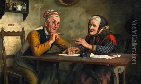 Der Briefwechsel. Altes Bauernpaar In Der Stube, Zeilen Verfassend Oil Painting - Aurelio Zingoni
