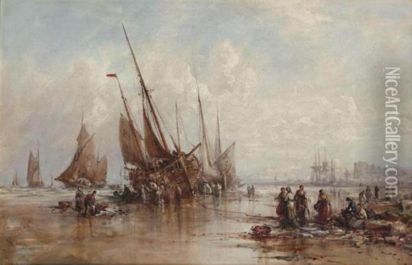 Fisherfolk Unloading The Catch At Low Tide On The Beach Before Peel Castle, Isle Of Man Oil Painting - William Edward Webb