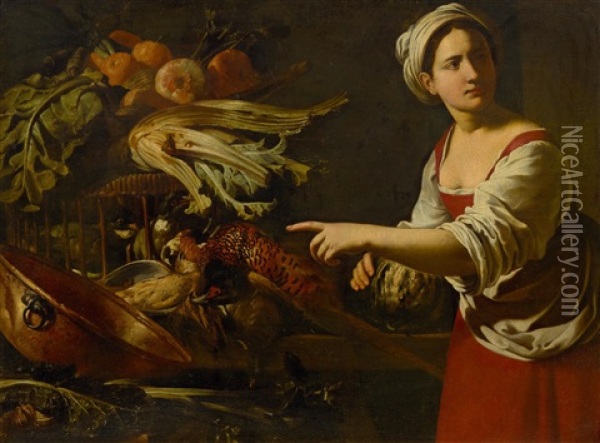 Maidservant In A Kitchen With Pheasant, Grapes And Vegetables Oil Painting - Giacomo Legi