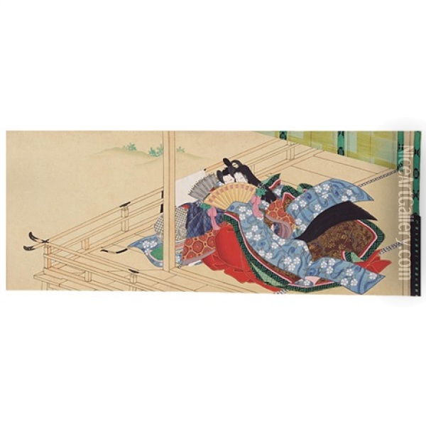 Getsuji Shunga Zu - Monthly Shunga, 8 Scenes Oil Painting - Utagawa Kuninaga
