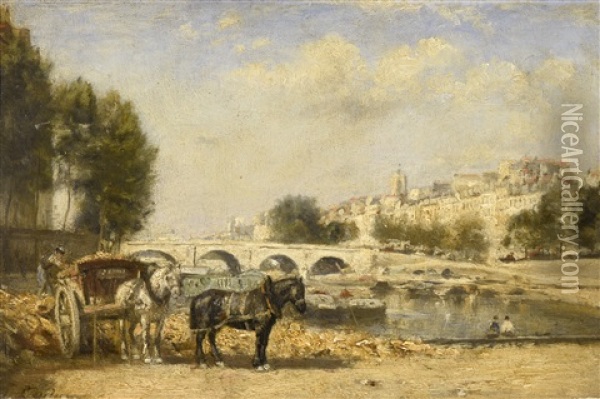 Berge De La Seine A L'ile Saint-louis, Le Pont Marie Oil Painting - Stanislas Lepine