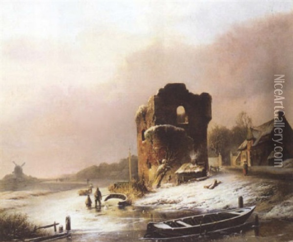The Frozen River Oil Painting - Pieter Hendrik Lodewijk Jonxis