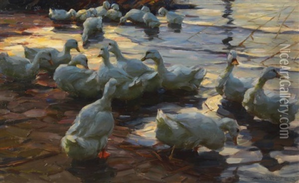 Enten Am See (ducks At The Lake) Oil Painting - Alexander Max Koester
