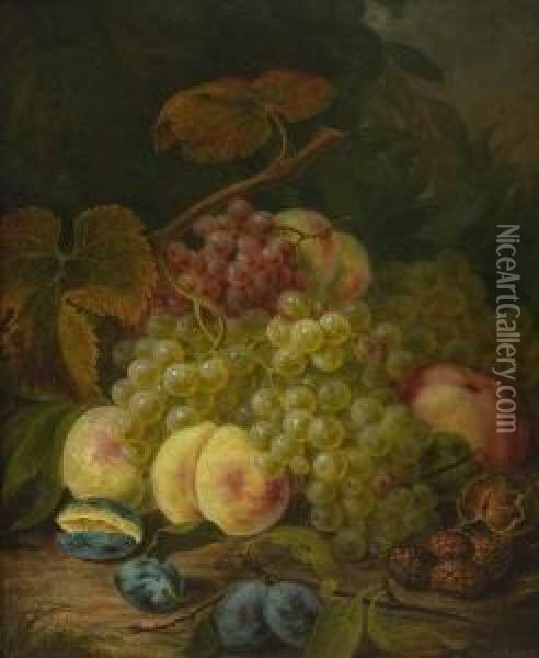 Stillleben Mit Weintrauben,
 Pflaumen,pfirsichen, Walnussen Und Brombeeren. Oil Painting - Franz Mendel